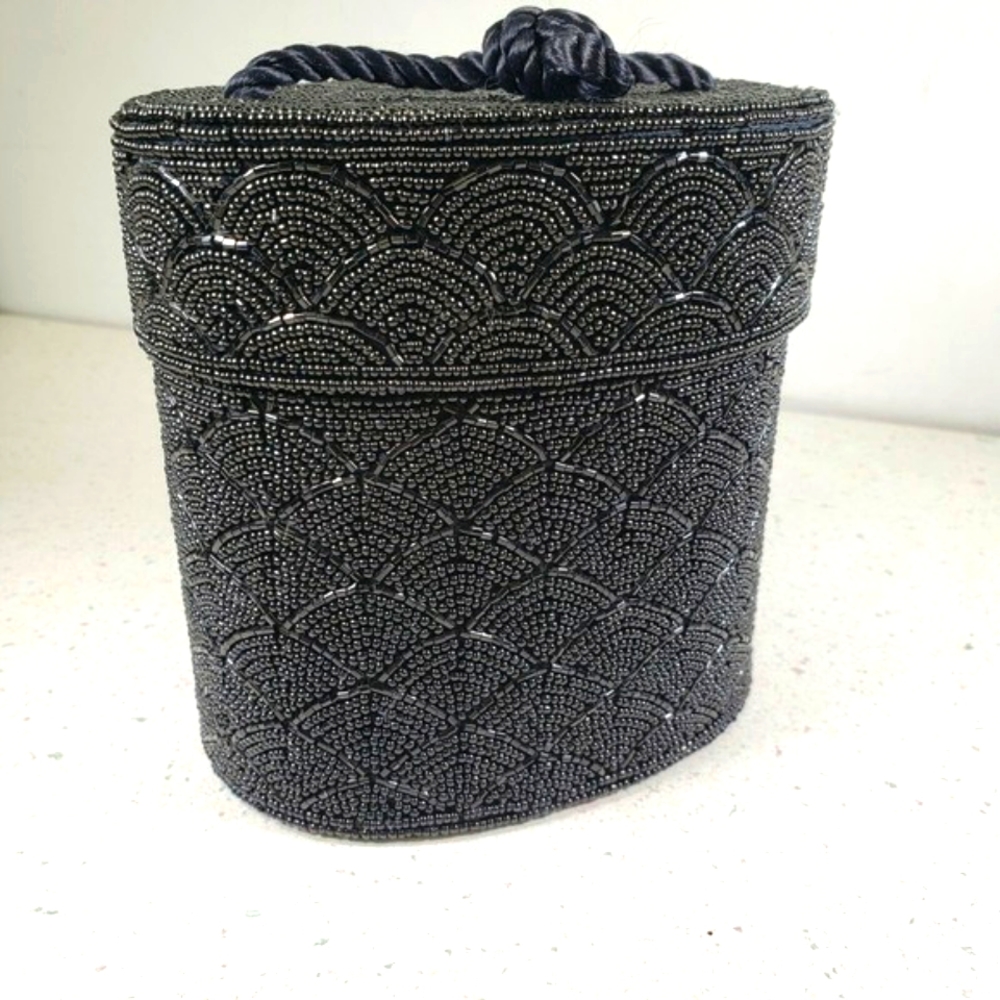 Vintage Inge Christopher Black Beaded Evening Cocktail Clutch Shoulder Bag Purse